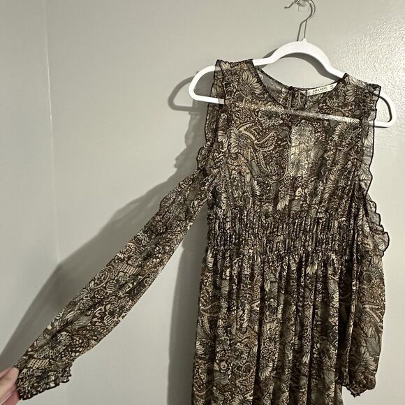 Zara Basic Collection Sz M Cold Shoulder Brown Sheer Midi Dress Floral Paisley - Picture 5 of 12